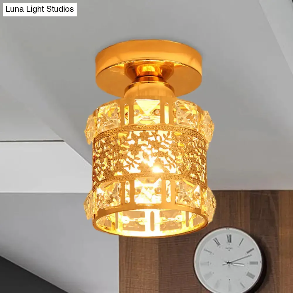 Gold Flush Mount Ceiling Light with Faceted Crystal - Minimalist Cylinder Design, Single Bulb