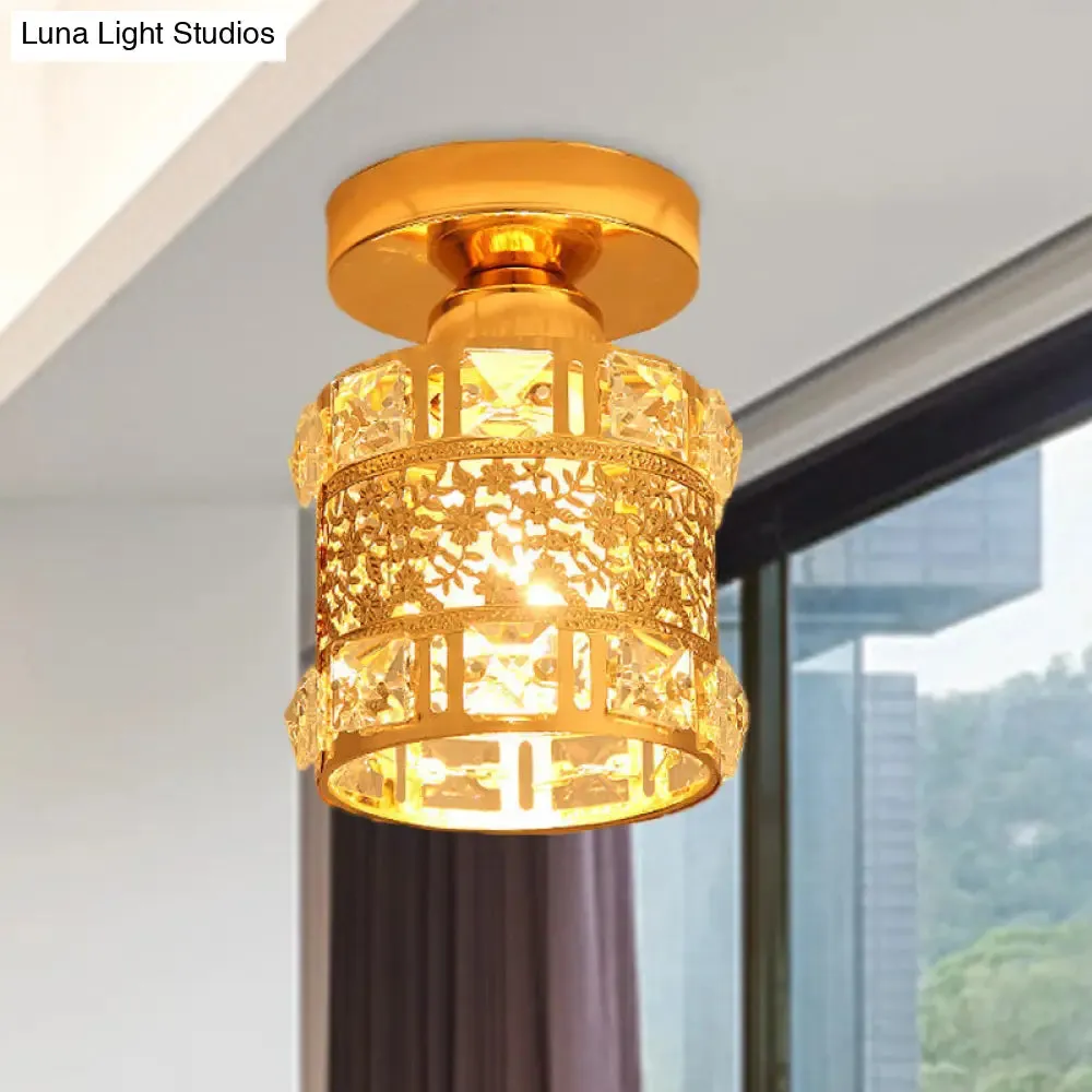 Gold Flush Mount Ceiling Light with Faceted Crystal - Minimalist Cylinder Design, Single Bulb