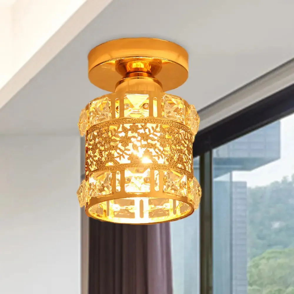 Gold Flush Mount Ceiling Light with Faceted Crystal - Minimalist Cylinder Design, Single Bulb