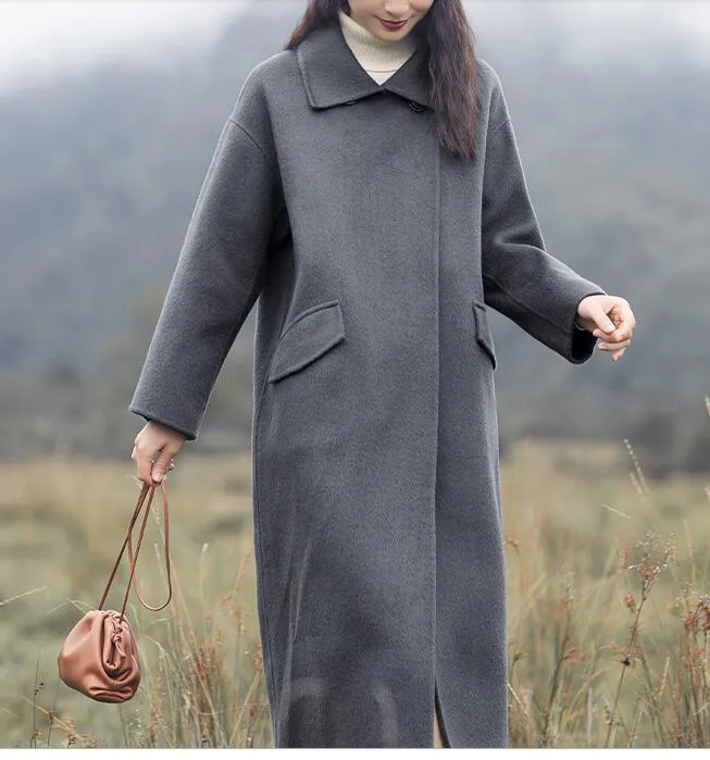 Gray Winter Black Long Women Handmade Wool Coats Jacket/1200