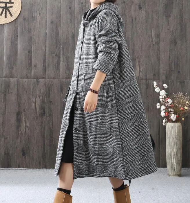 Gray Women Coat Handmade Bat Sleeve loose Hooded Women Wool Coat Jacket