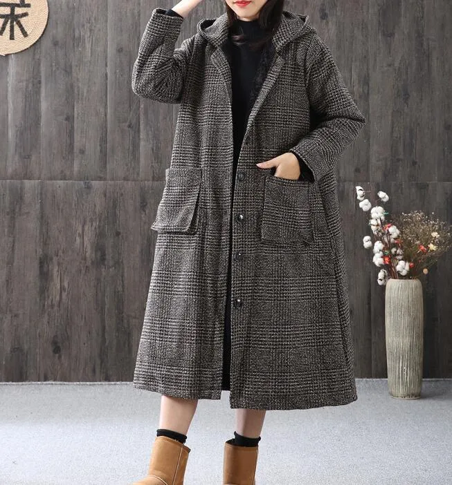 Gray Women Coat Handmade Bat Sleeve loose Hooded Women Wool Coat Jacket