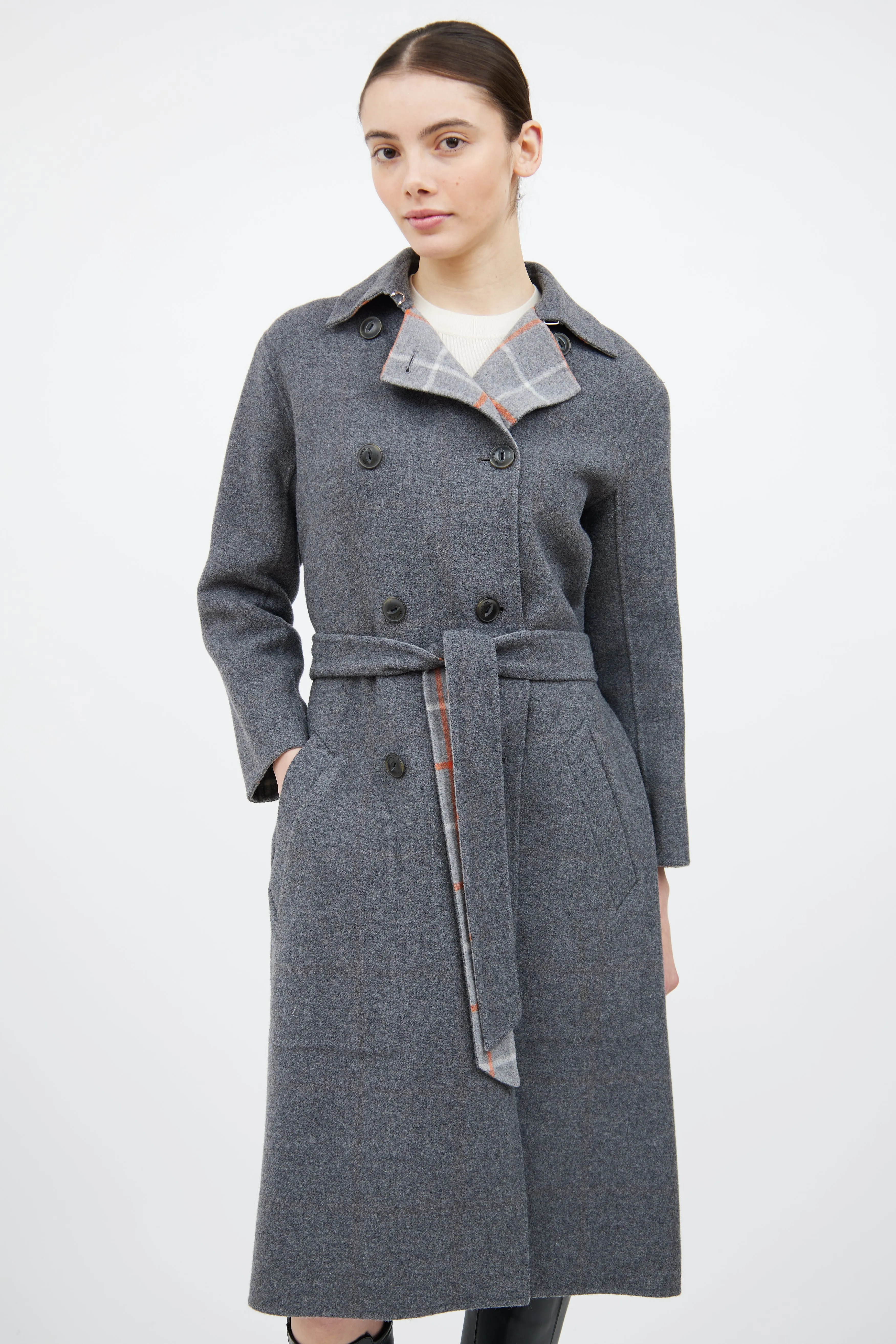 Grey & Orange Wool Plaid Reversible Coat