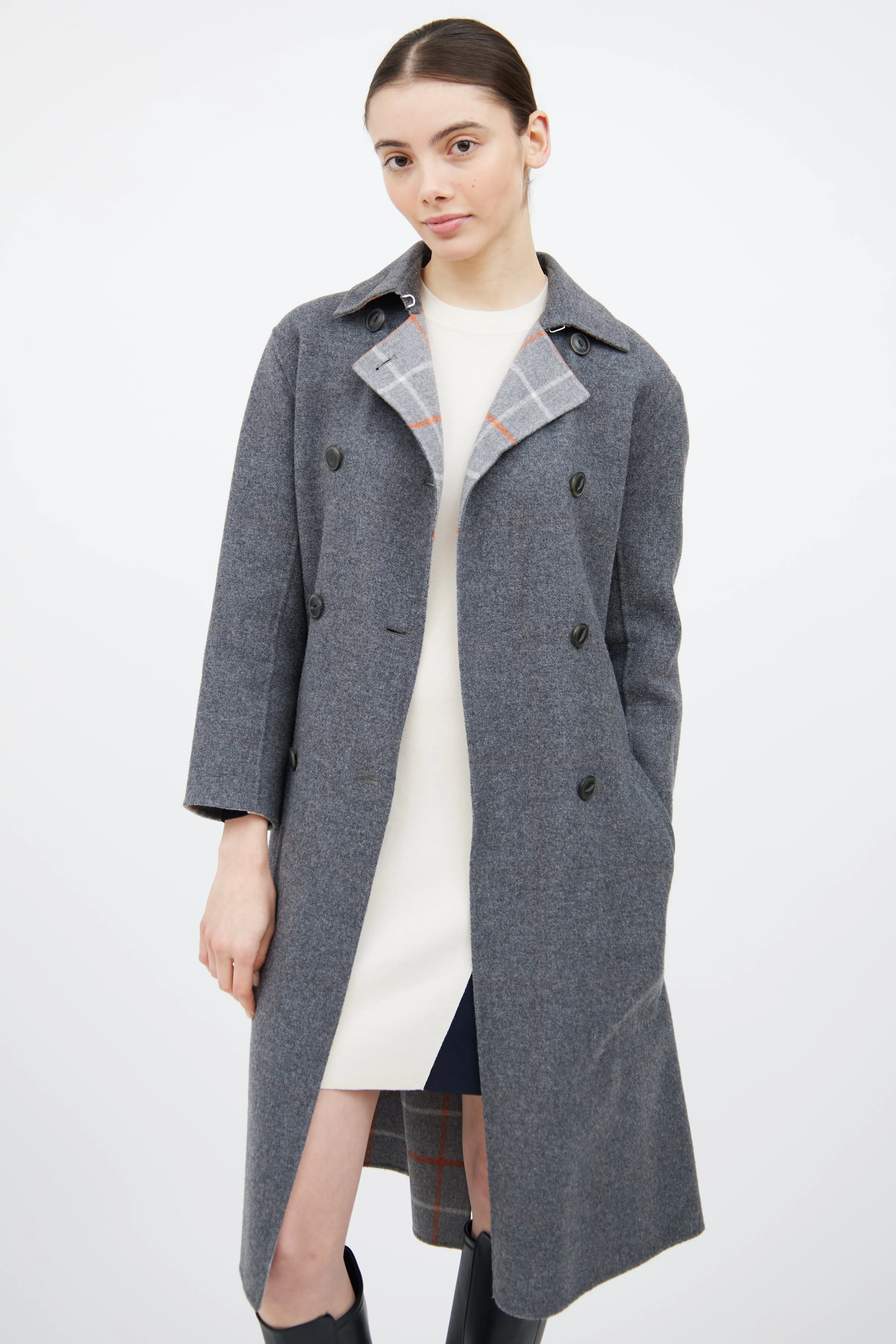 Grey & Orange Wool Plaid Reversible Coat