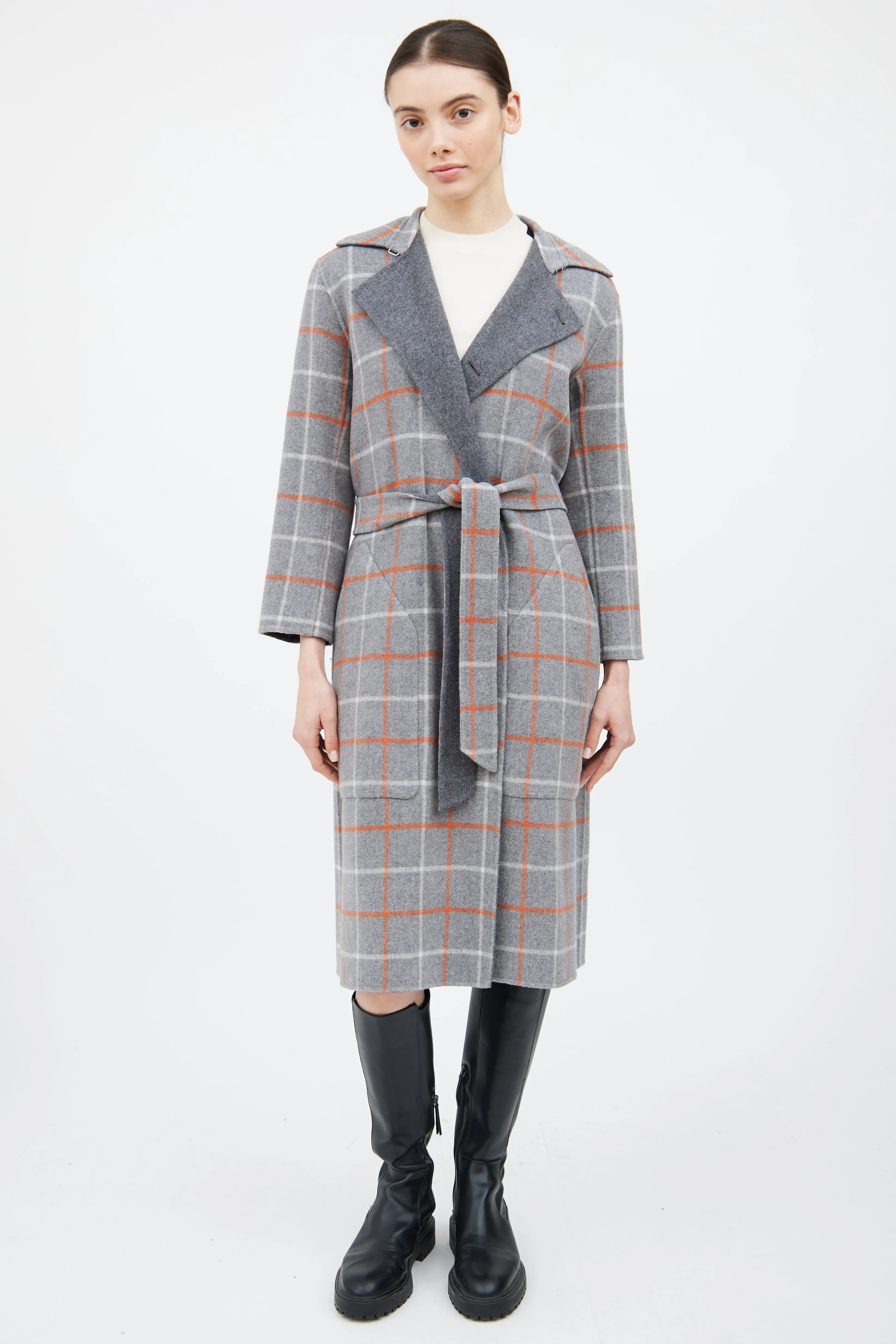 Grey & Orange Wool Plaid Reversible Coat