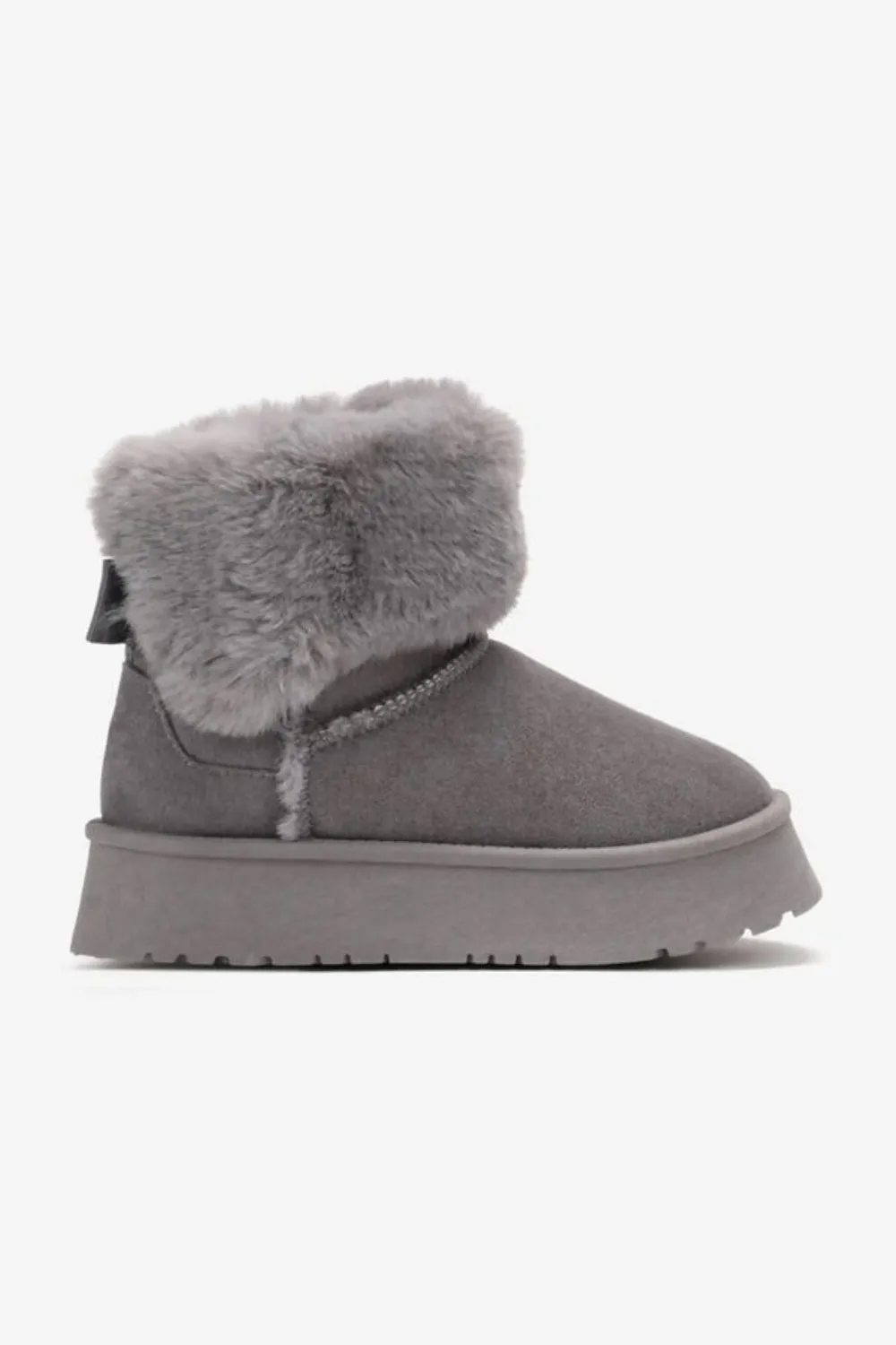 GREY FAUX FUR LINED CHUNKY PLATFORM BOW DETAIL FUR COLLAR ANKLE BOOTS