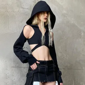 Grunge Gothic Bandage Autumn Hoodie Women Wrap Buckle Cut Out Streetwear Sweatshirt Short Open Shoulder Design Jumper