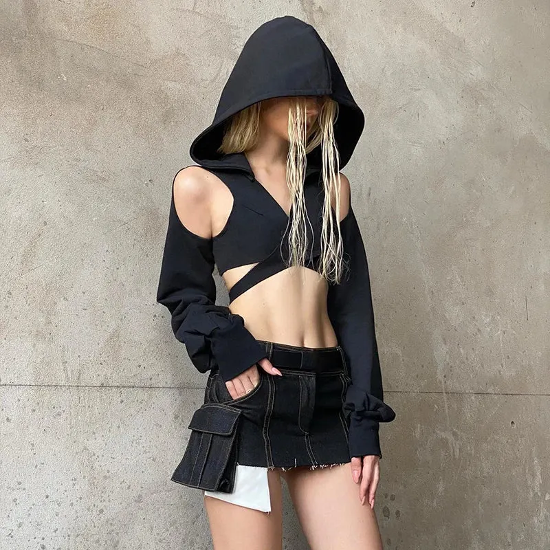 Grunge Gothic Bandage Autumn Hoodie Women Wrap Buckle Cut Out Streetwear Sweatshirt Short Open Shoulder Design Jumper