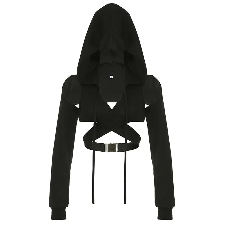 Grunge Gothic Bandage Autumn Hoodie Women Wrap Buckle Cut Out Streetwear Sweatshirt Short Open Shoulder Design Jumper