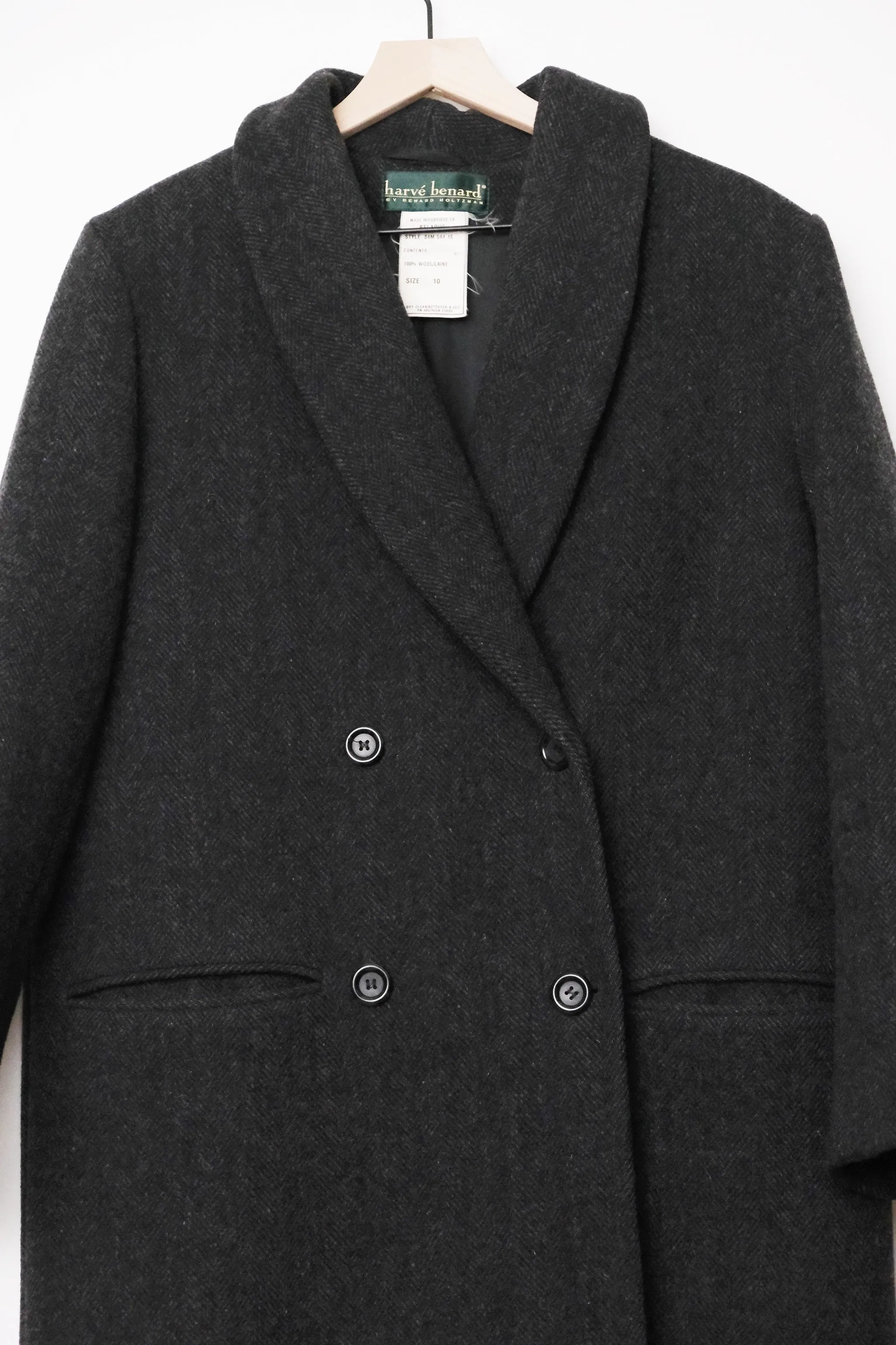 Harvé Benard Grey Wool Tweed Double Breasted Long Coat US 10, 90’s Longline