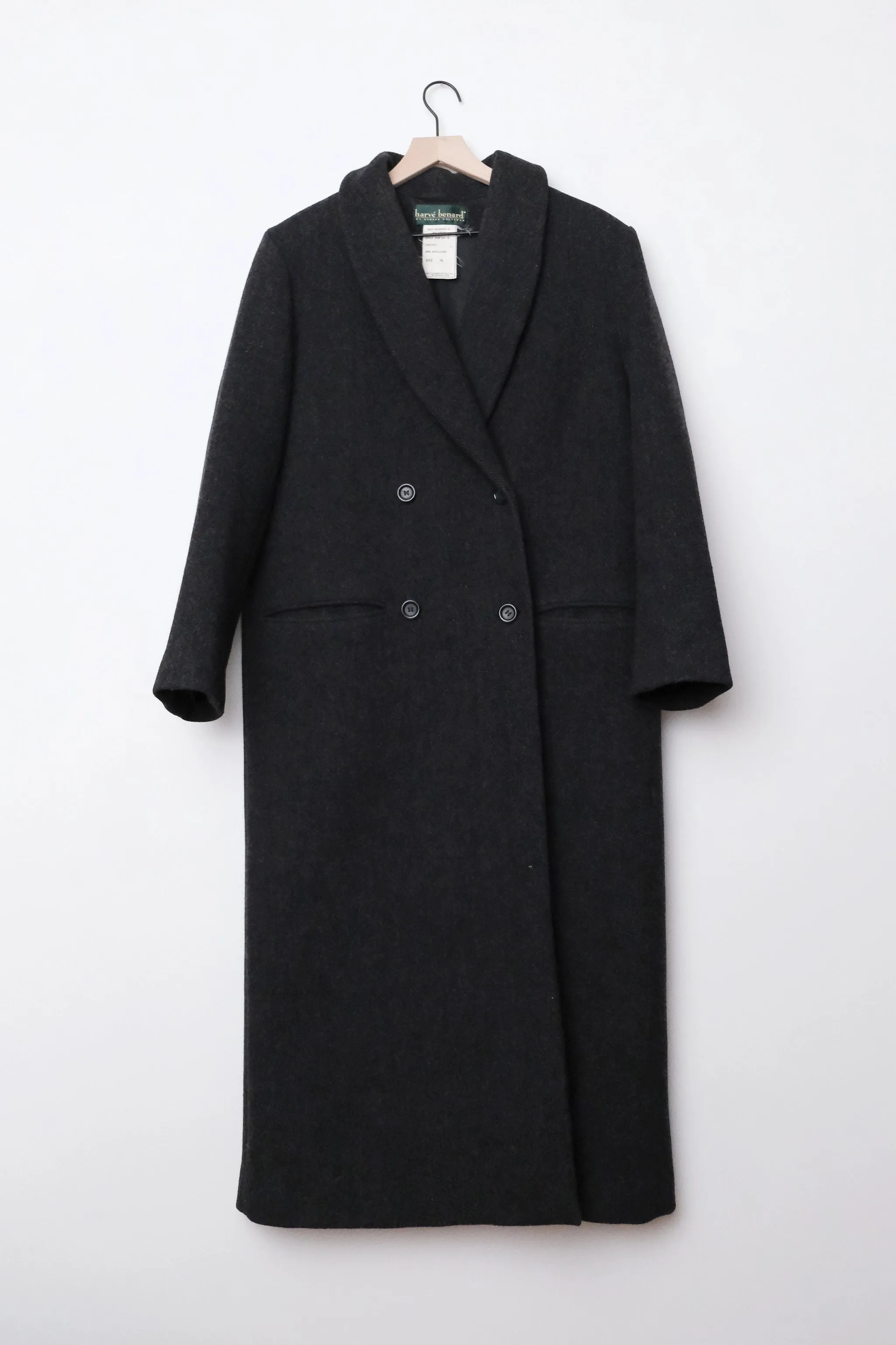 Harvé Benard Grey Wool Tweed Double Breasted Long Coat US 10, 90’s Longline