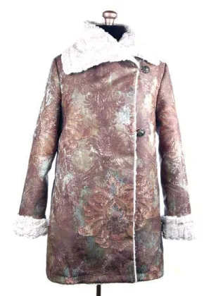 Hepburn Swing Coat, Reversible less pockets - Renaissance in Everglade Upholstery with Luxury Faux Fur in Porcelain (Only One Medium Left!)