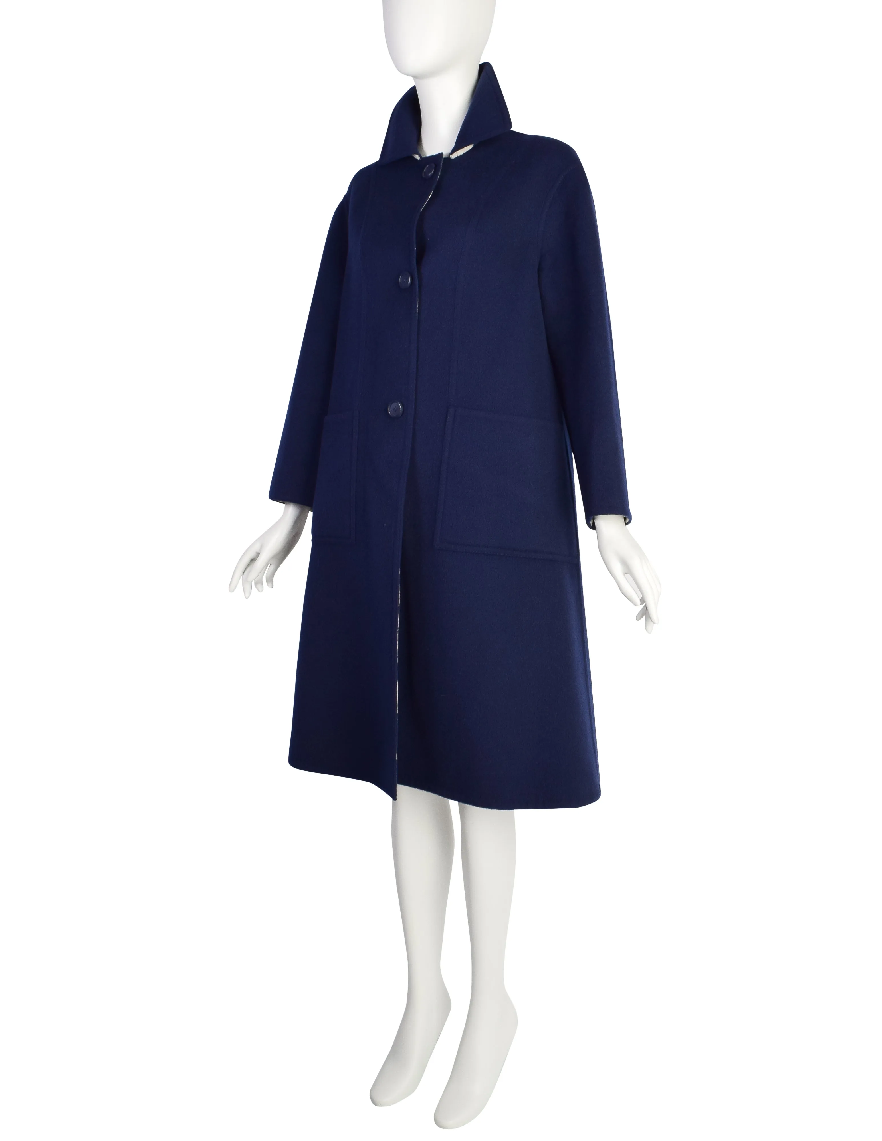 Hermes Sport Vintage Navy Blue A Line Wool Button Up Coat