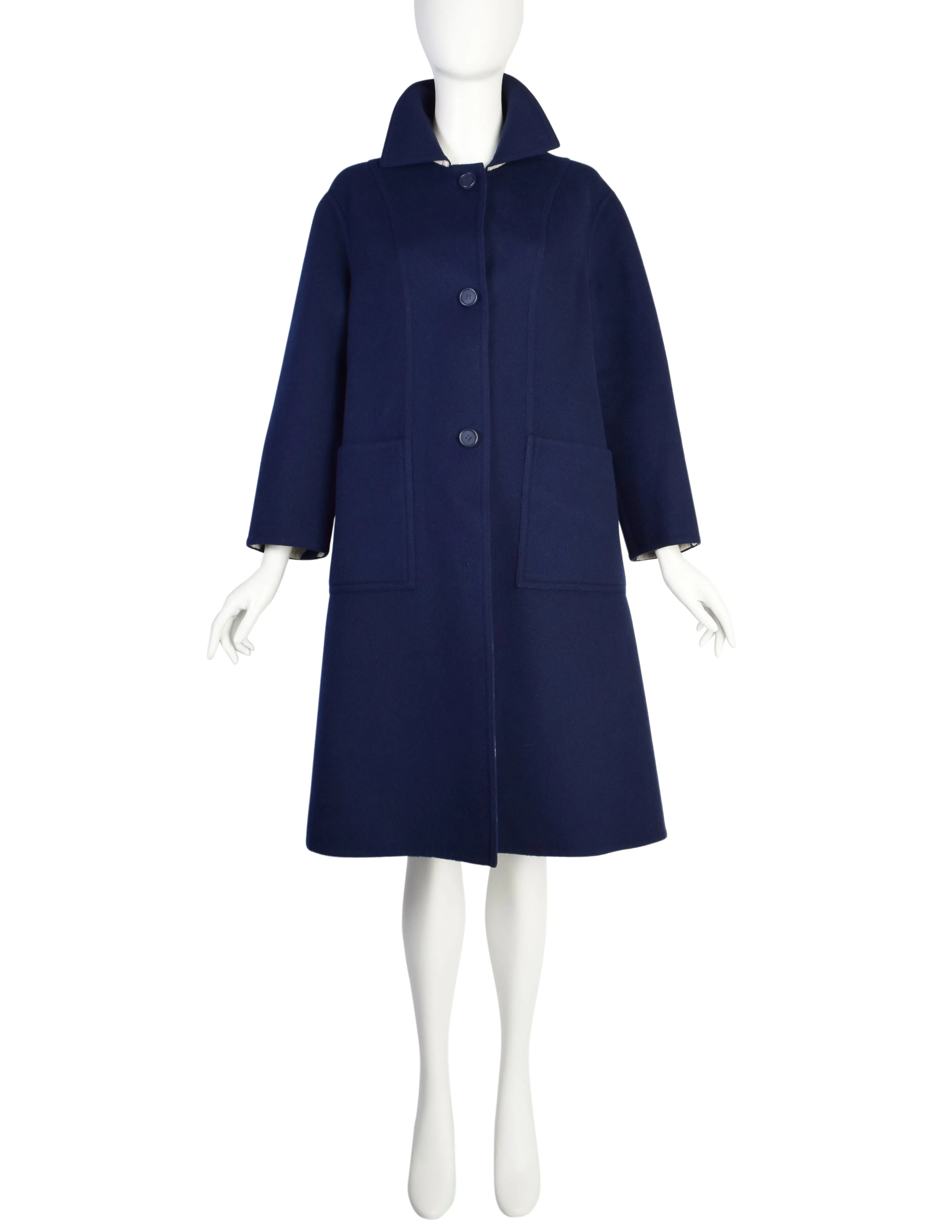 Hermes Sport Vintage Navy Blue A Line Wool Button Up Coat