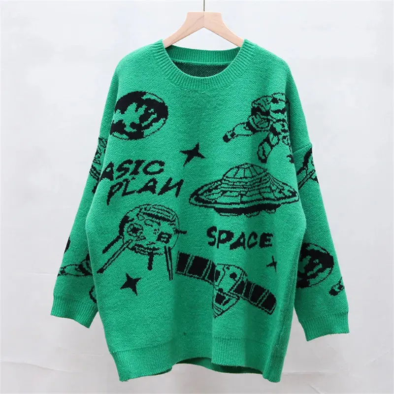 Hip Hop Streetwear Harajuku Oversized Sweater Vintag Retro Jumper UFO Knitted Jumper 2022 Thicken Warm  Pullover C-099