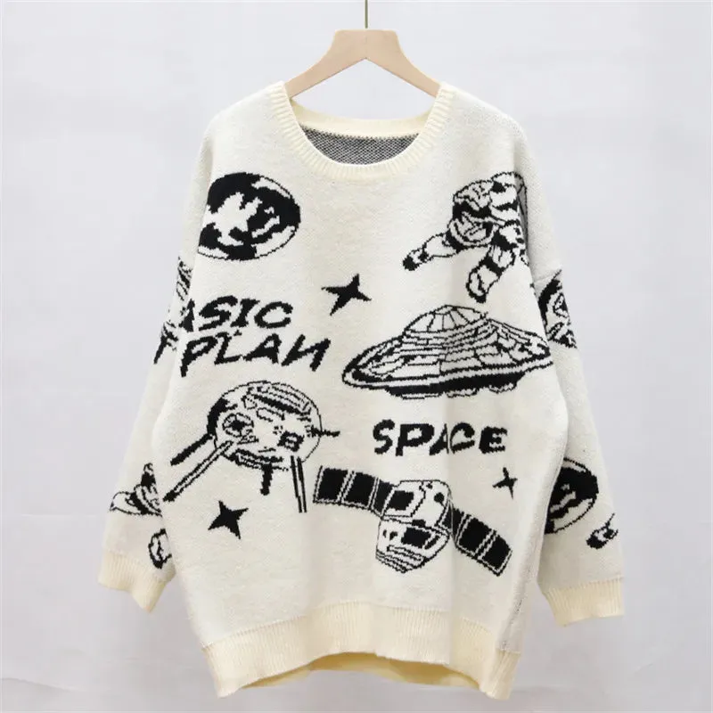 Hip Hop Streetwear Harajuku Oversized Sweater Vintag Retro Jumper UFO Knitted Jumper 2022 Thicken Warm  Pullover C-099