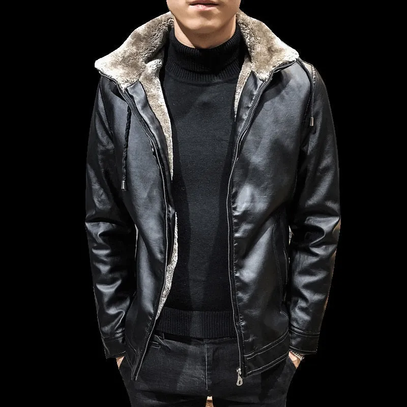 Hooded Faux Leather Fur Solid Biker Style Men Jacket