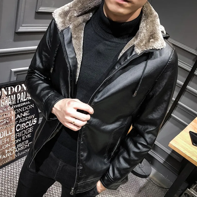 Hooded Faux Leather Fur Solid Biker Style Men Jacket