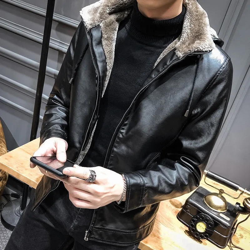 Hooded Faux Leather Fur Solid Biker Style Men Jacket