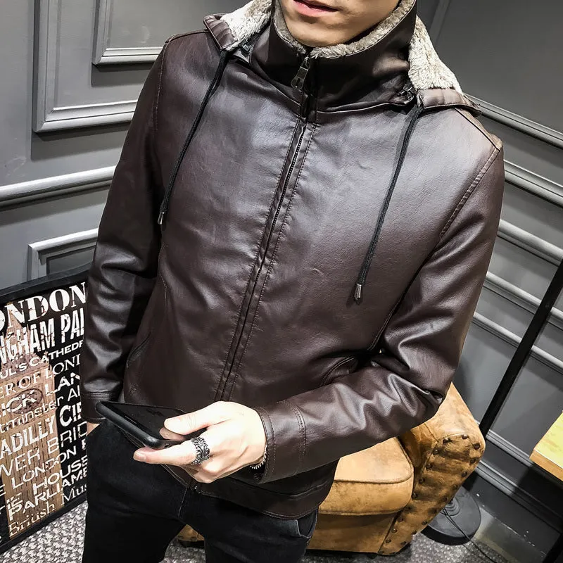 Hooded Faux Leather Fur Solid Biker Style Men Jacket