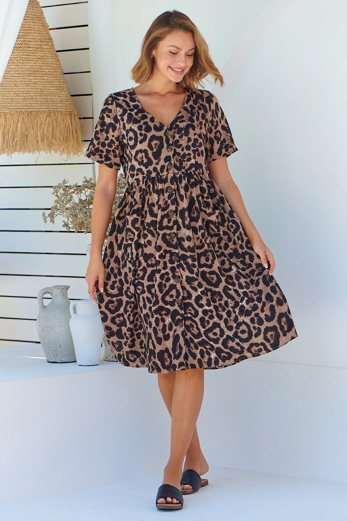 Hudson Leopard Print Button Front Smock Midi Dress