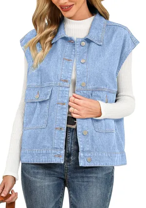 Indigo Ice Blue Women's Casual Oversized Button Down Sleeveless Jean Jacket with Pockets