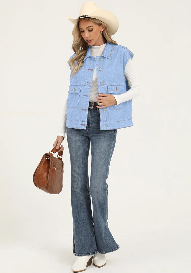 Indigo Ice Blue Women's Casual Oversized Button Down Sleeveless Jean Jacket with Pockets