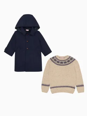 Ivory Fair Isle Jumper & Loden Coat Kids Outfit Bundle