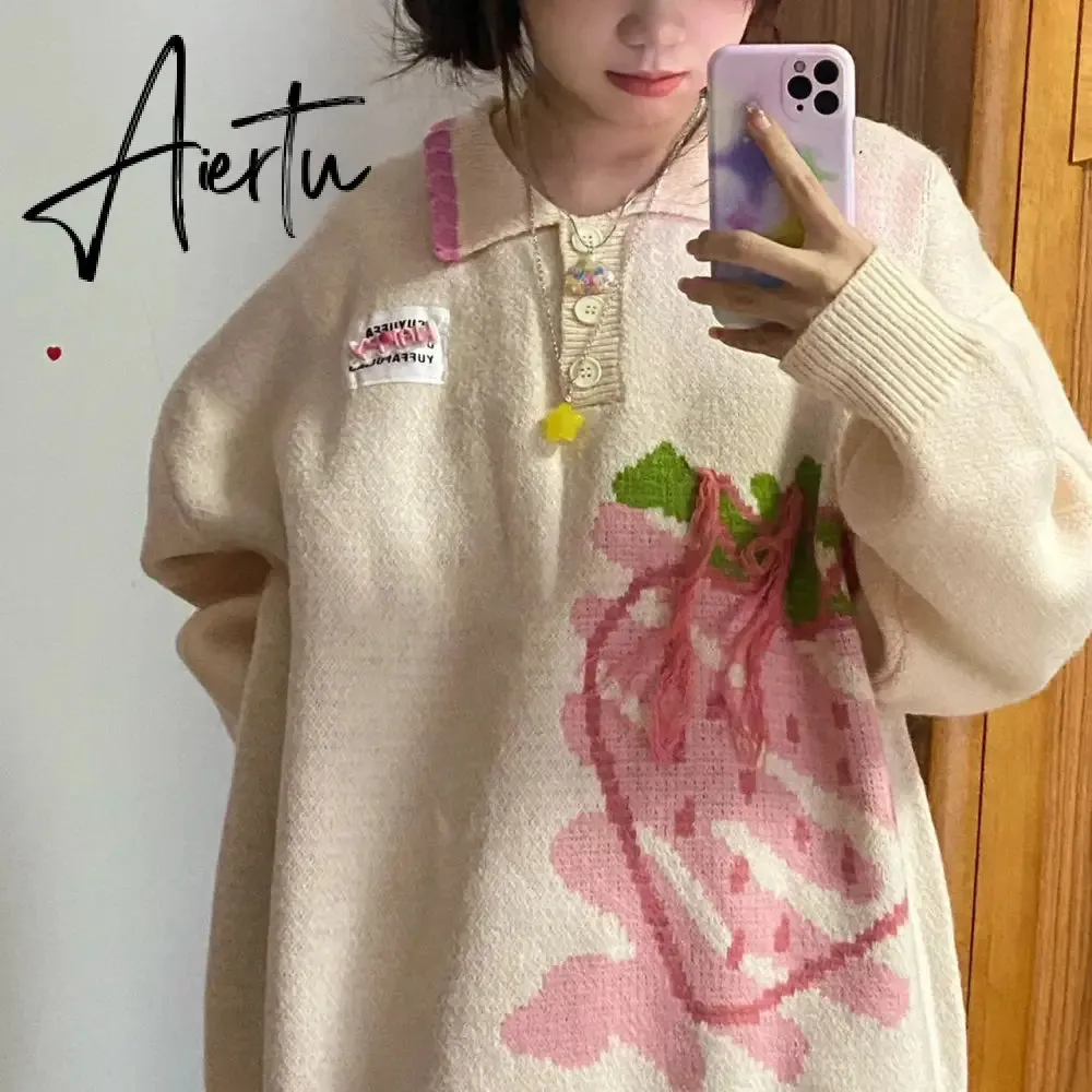 Japanese Kawaii Sweater Women Harajuku Knitted Jumper Loose Casual Strawberry Contrast Knitwear Tops Cute Streetwear