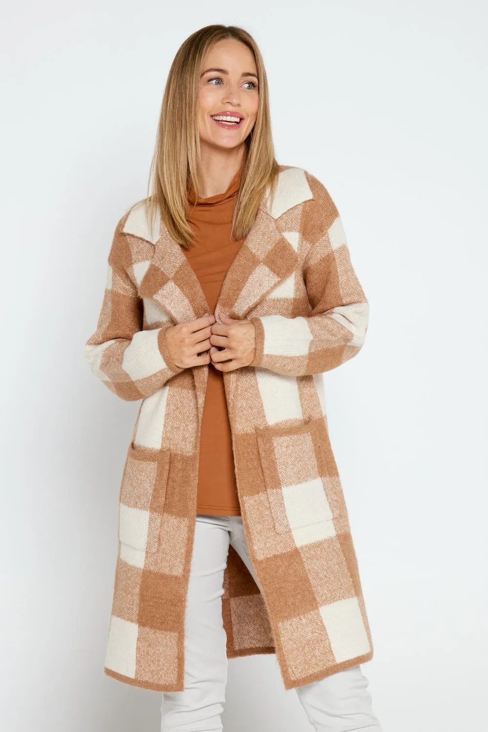 Jessa Wool Blend Knit Jacket - Brown/Cream Check