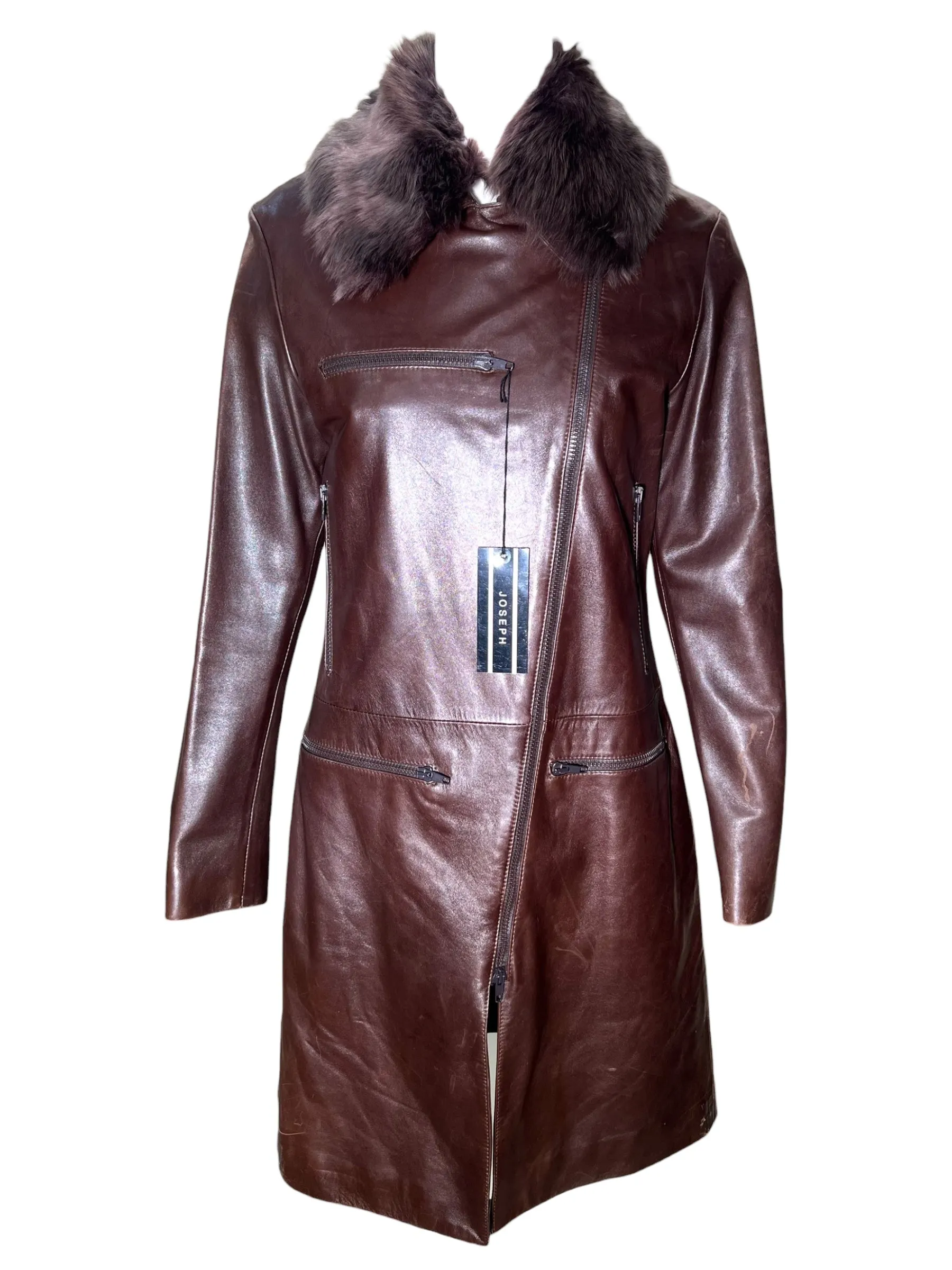 JOSEPH Brown Sheepskin Leather Coat with Fur Collar, NWT