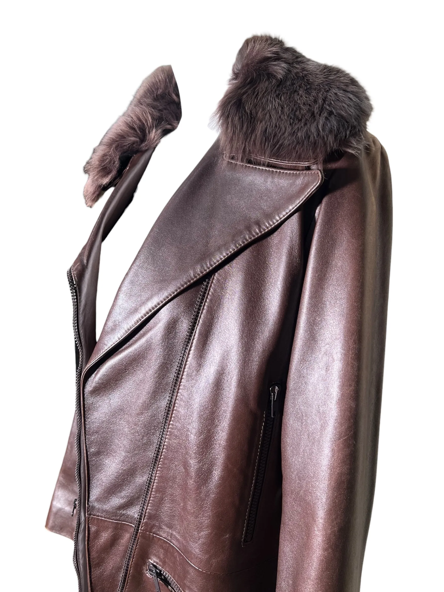 JOSEPH Brown Sheepskin Leather Coat with Fur Collar, NWT