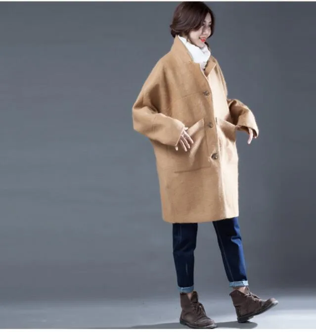 Khaki Women Coat Handmade Bat Sleeve loose Women Wool Coat Jacket