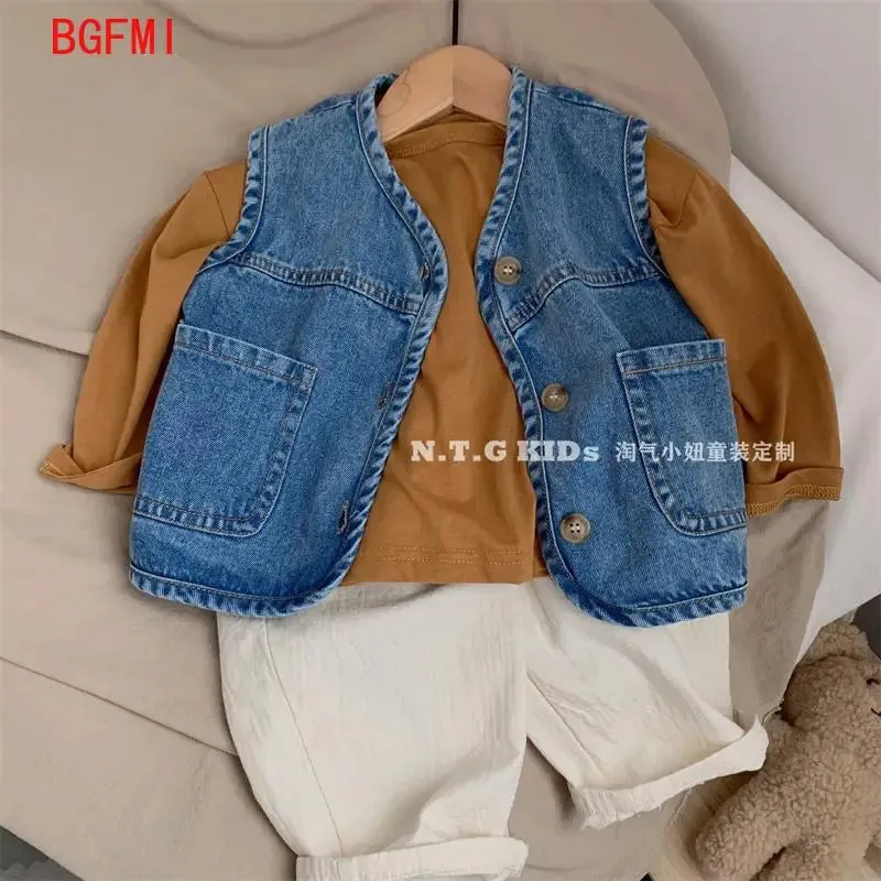 Kids Baby Denim Waistcoat Spring Autumn Boys Girls Sleeveless Casual Vest Toddler Kids Solid Color Versatile Simple Outerwear