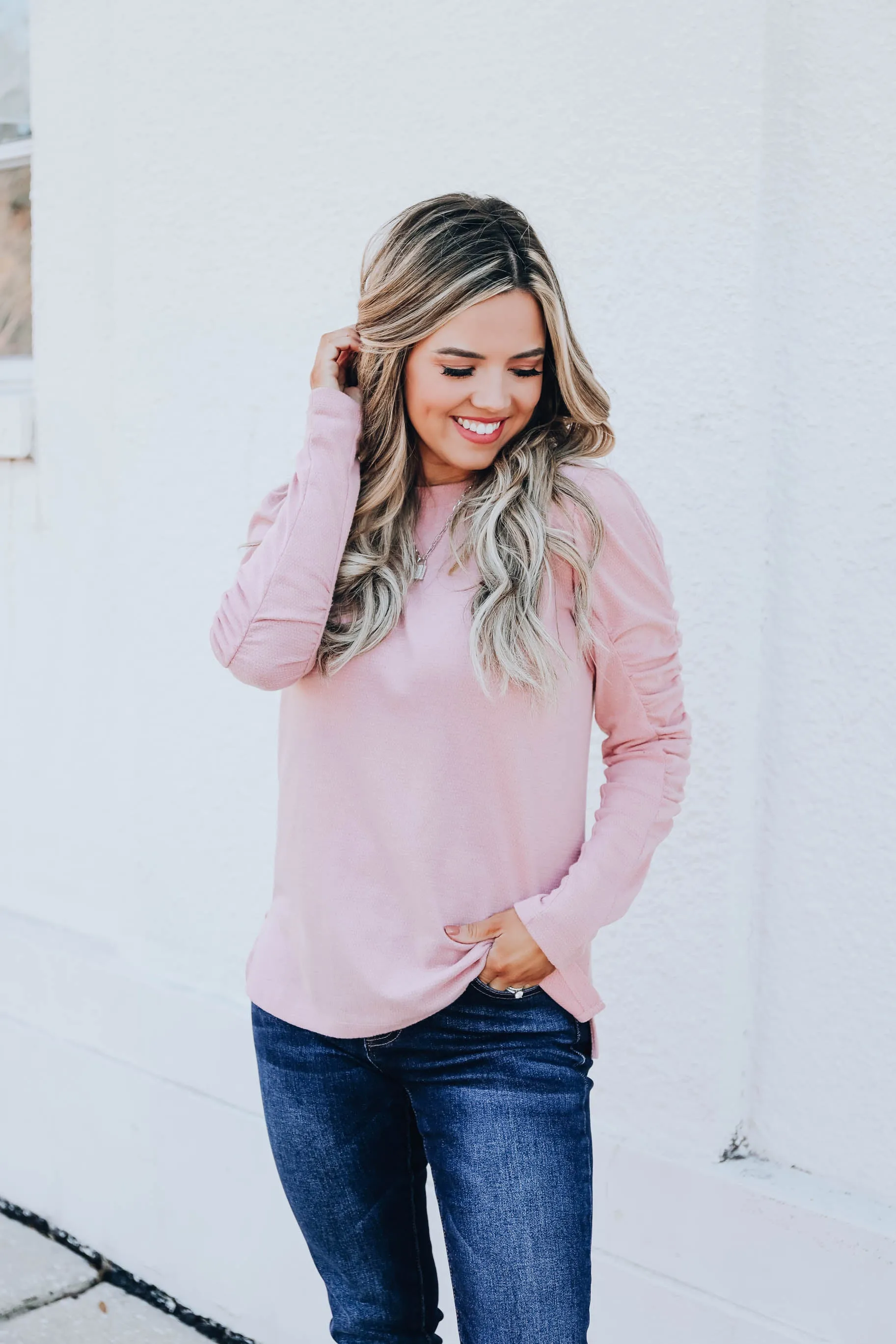 Kierra Shirred Sleeve Knit Top - Pink