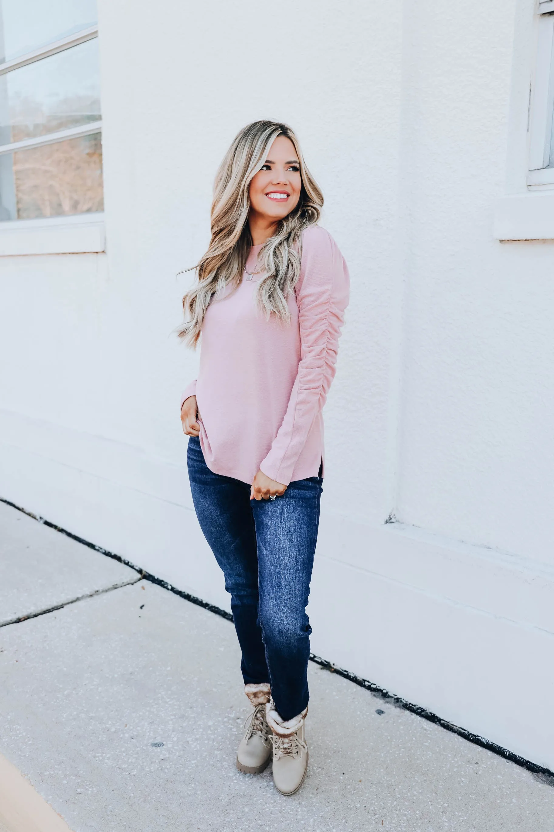 Kierra Shirred Sleeve Knit Top - Pink