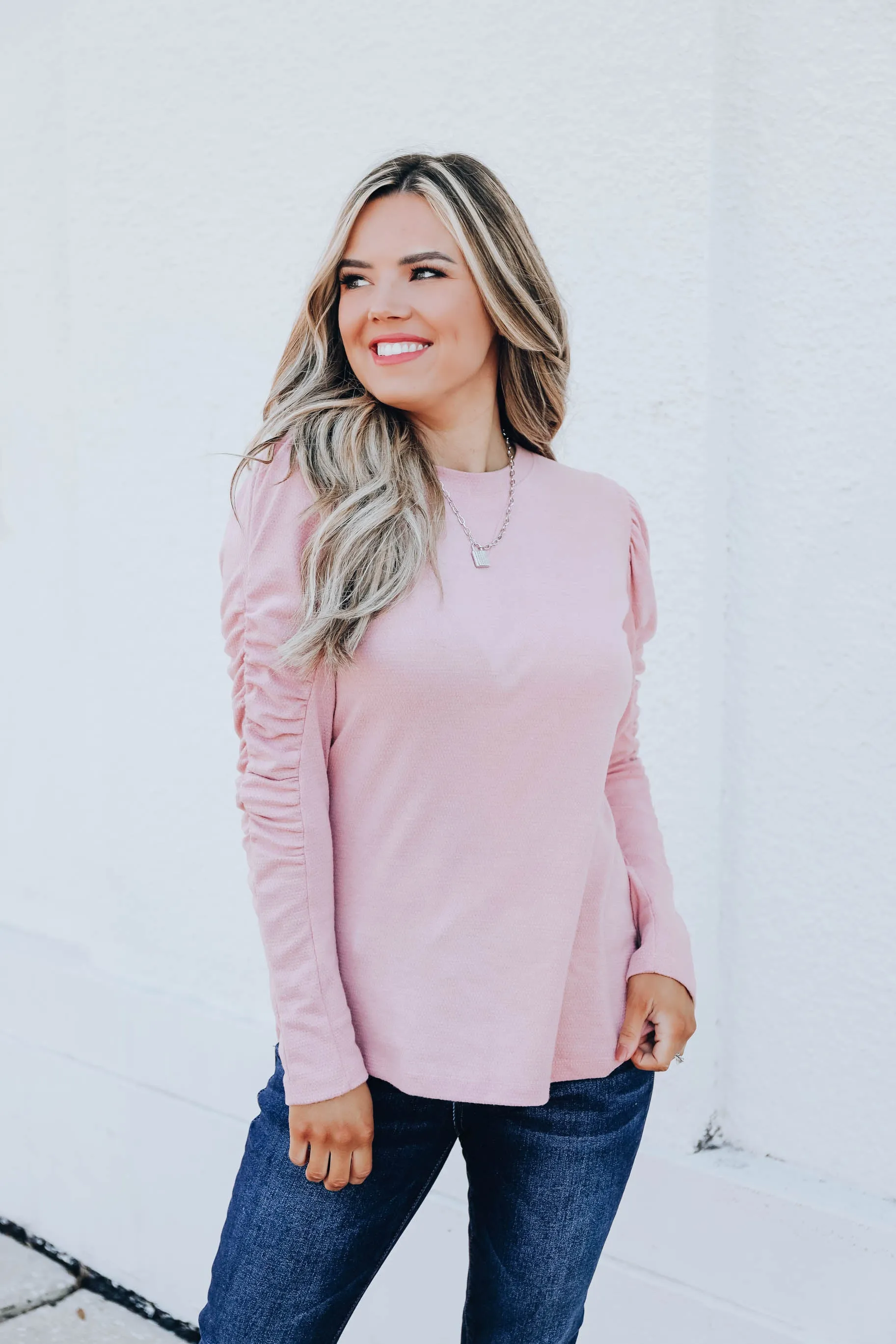 Kierra Shirred Sleeve Knit Top - Pink