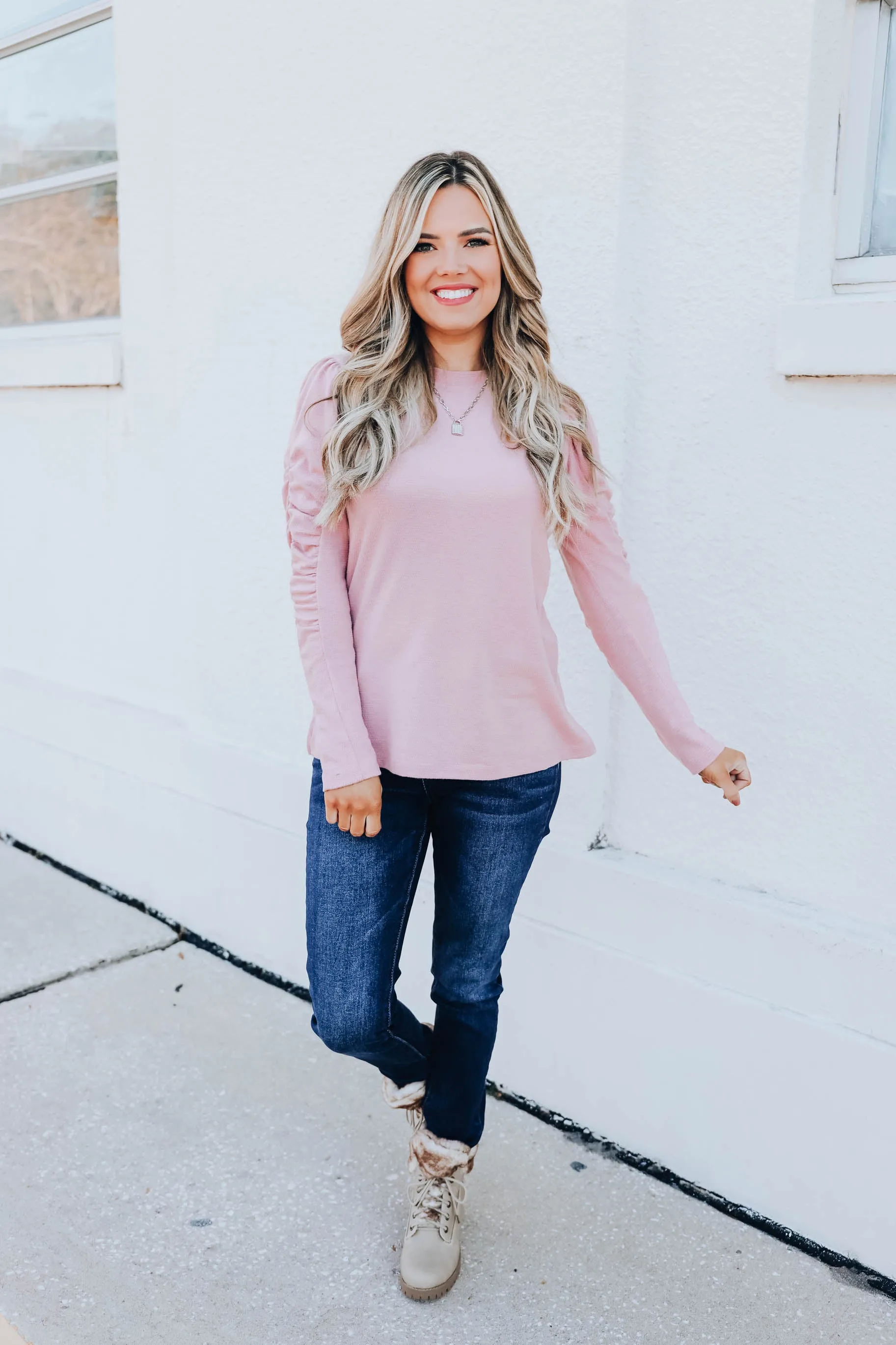 Kierra Shirred Sleeve Knit Top - Pink