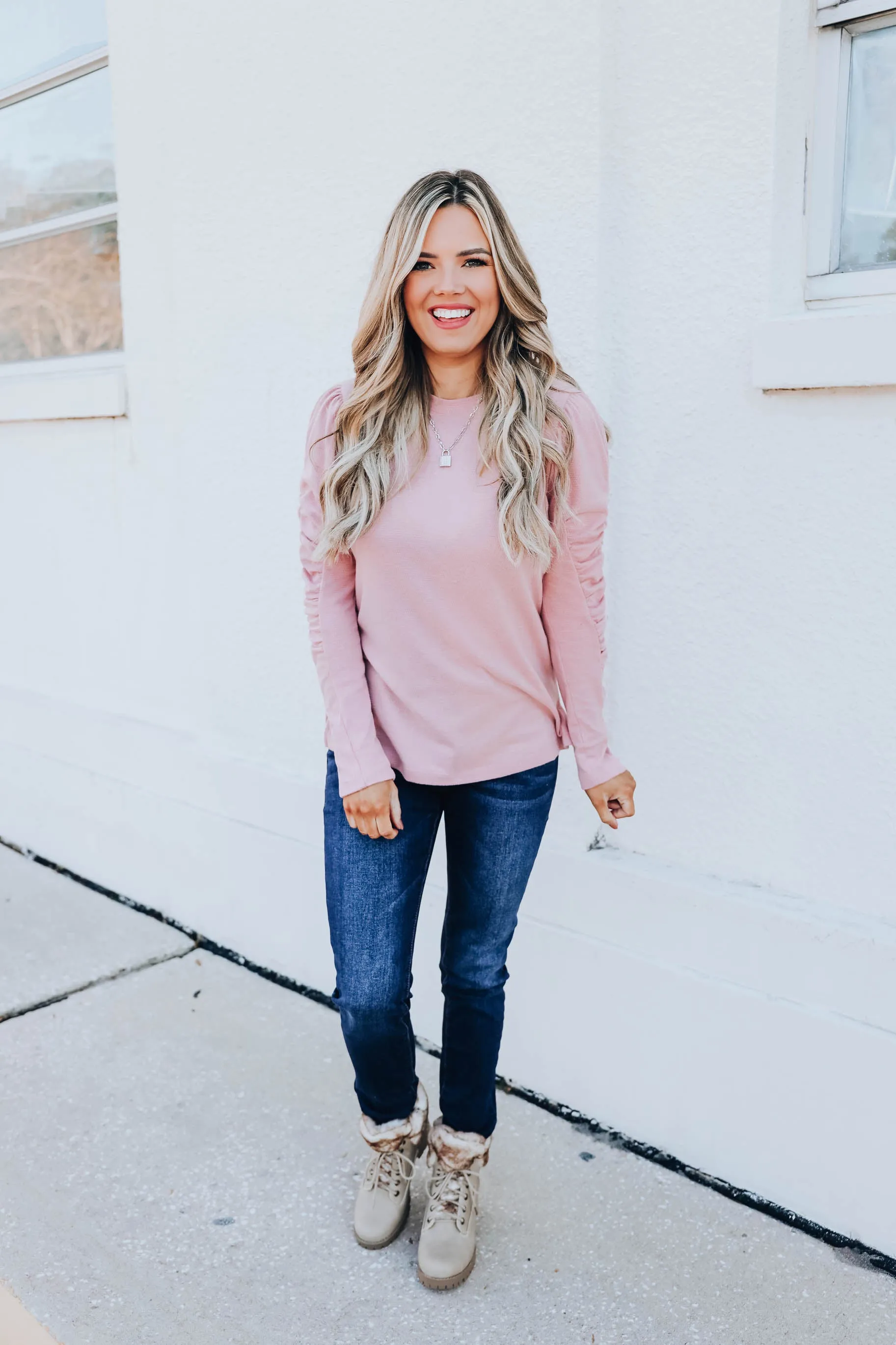 Kierra Shirred Sleeve Knit Top - Pink