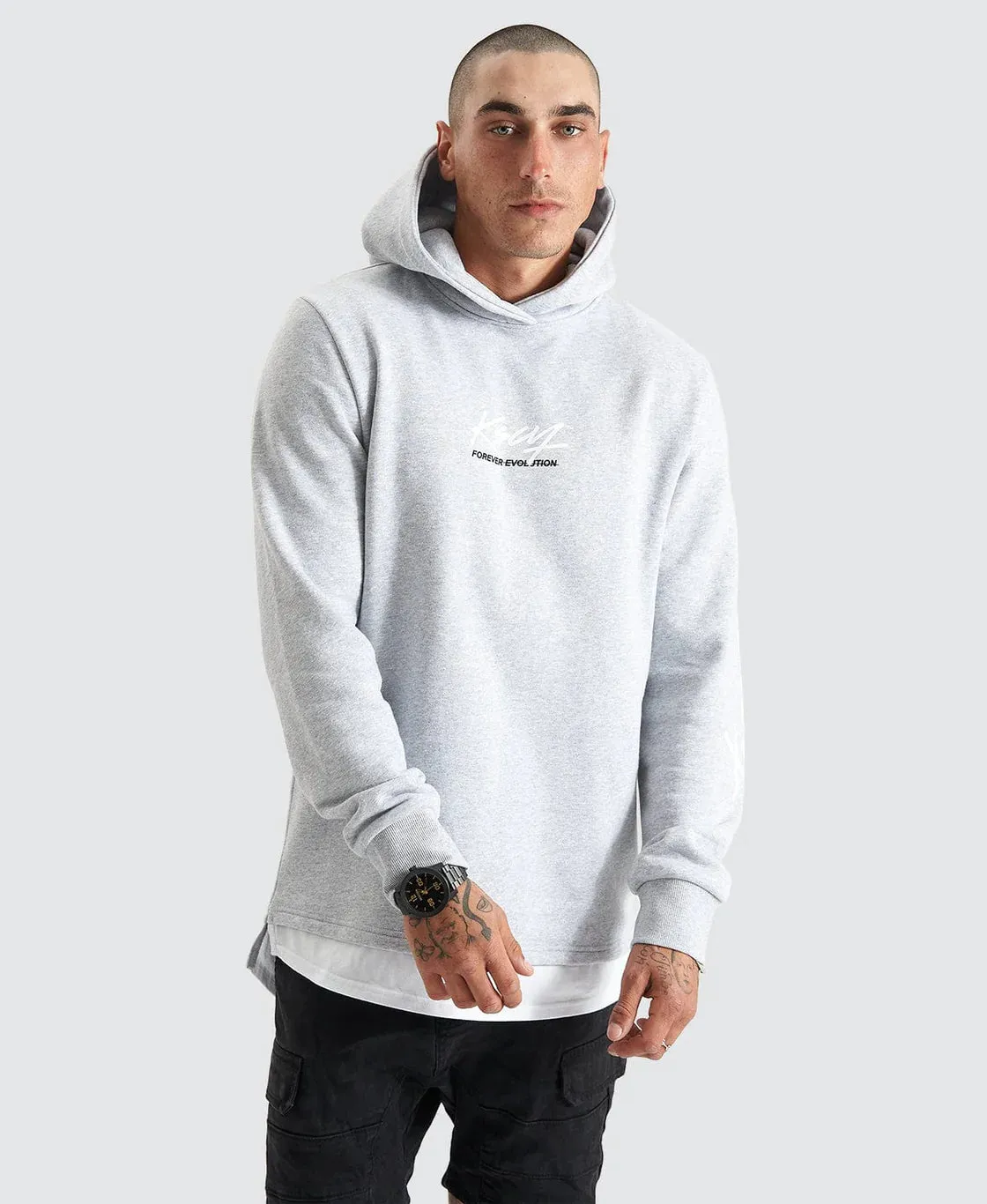 KISS CHACEY Mens Trevor Hooded Layered Dual Curved Hem Sweater - Grey Marle