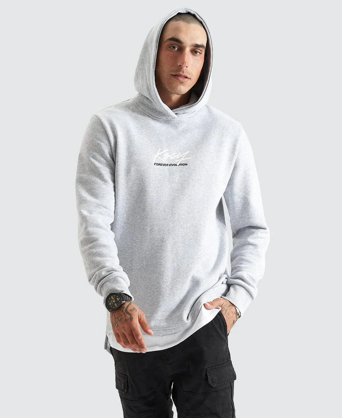 KISS CHACEY Mens Trevor Hooded Layered Dual Curved Hem Sweater - Grey Marle