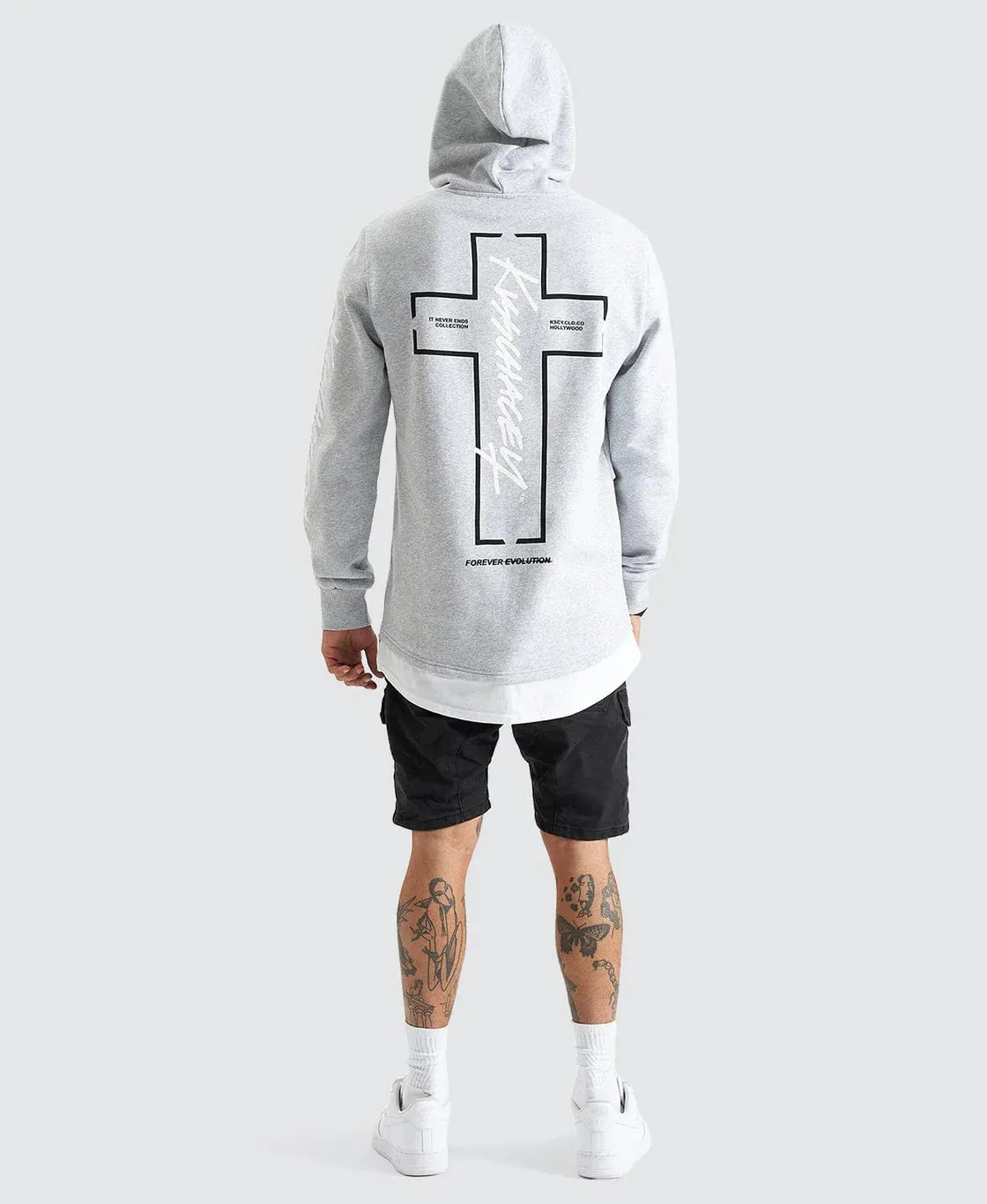 KISS CHACEY Mens Trevor Hooded Layered Dual Curved Hem Sweater - Grey Marle