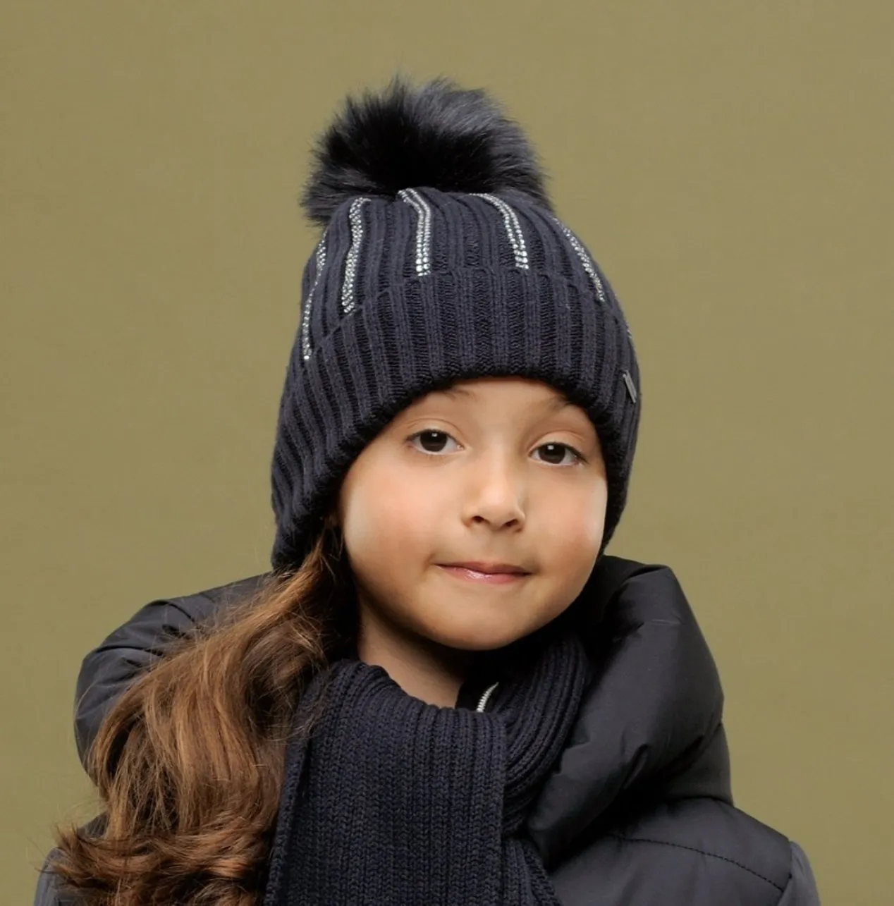 Le Chic Girls Navy Blue Diamanté Faux Fur Pom Pom Hat