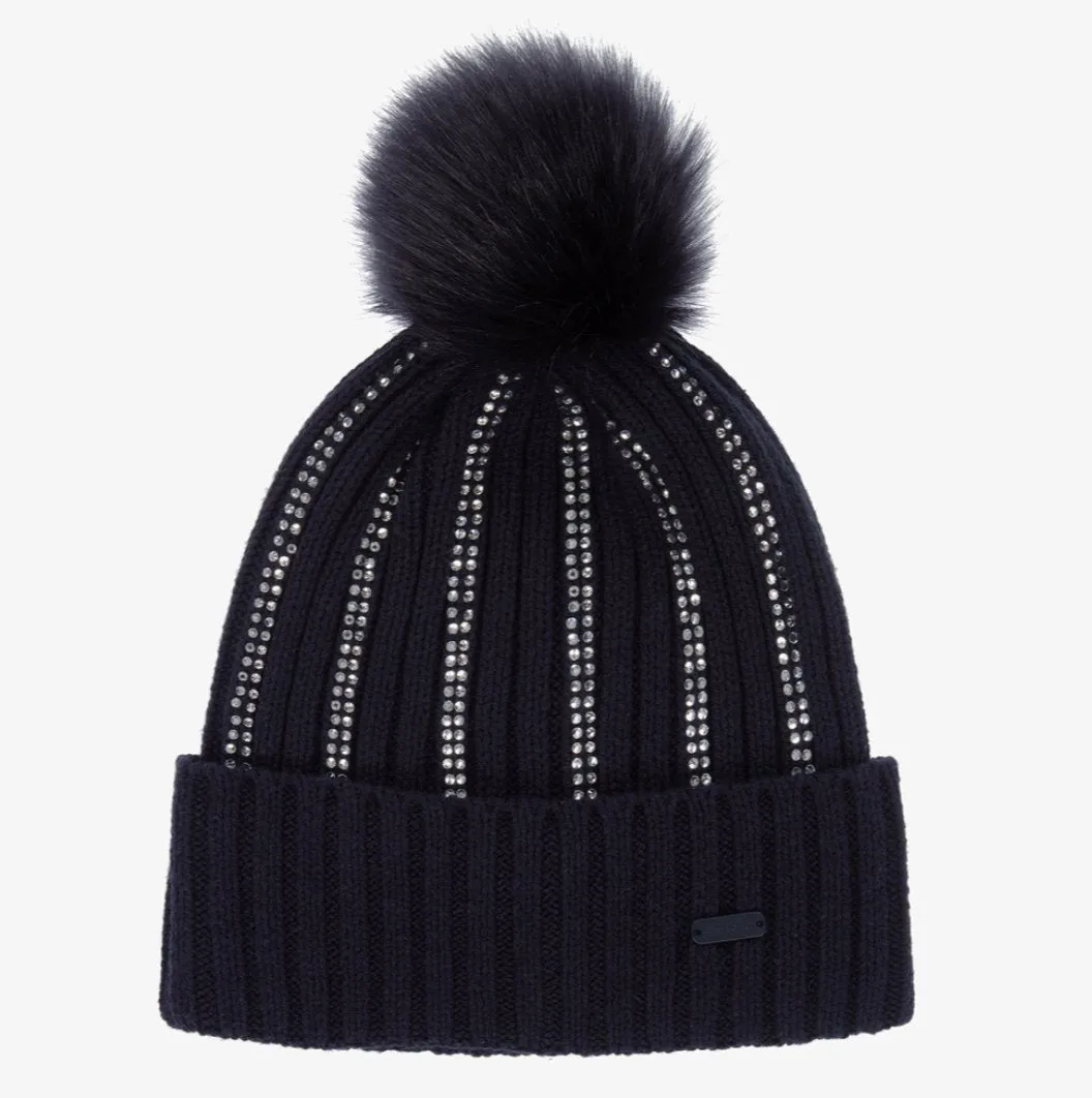 Le Chic Girls Navy Blue Diamanté Faux Fur Pom Pom Hat