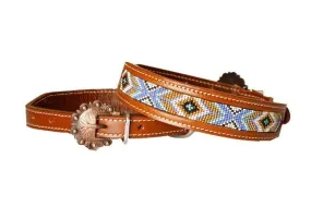 Leather Dog Collar with periwinkle, mint, white, and gold beaded inlay design