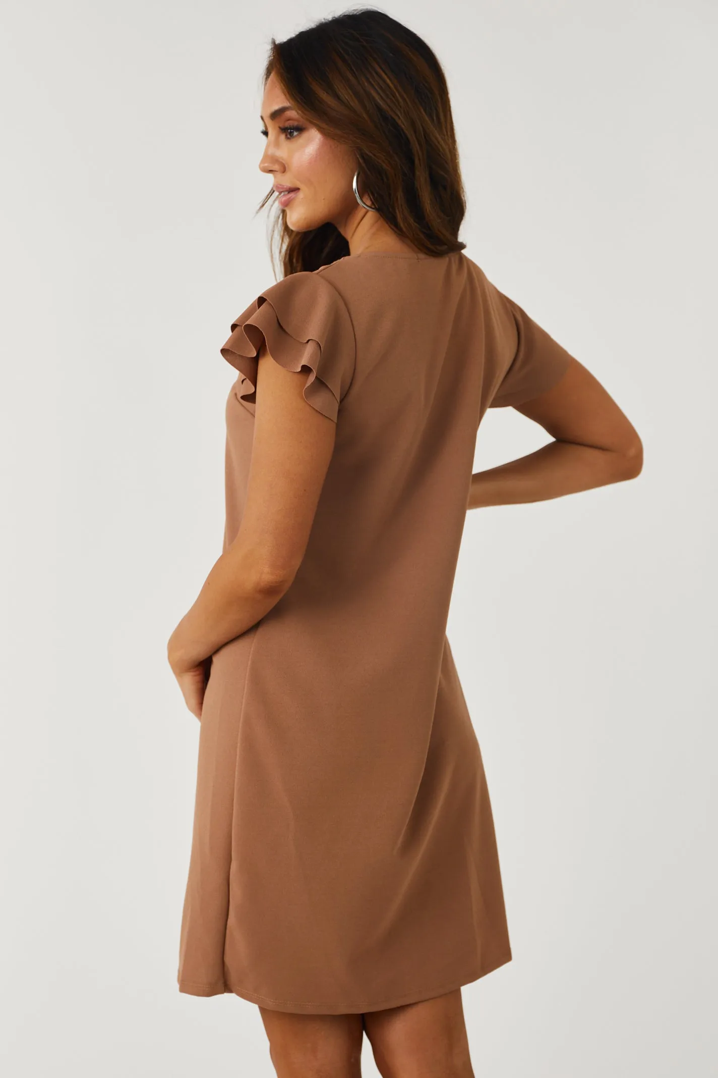 Lily Coffee Ruffle Sleeve Shift Dress