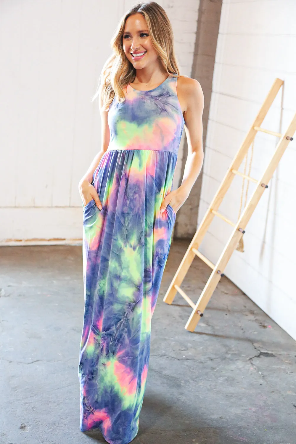 Lime Cobalt Tie Dye Sleeveless Pocketed Maxi Dress