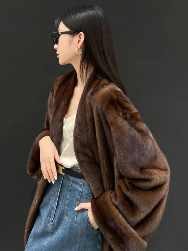 Long Elegant Luxury Warm Soft Brown Faux Mink Fur Coat