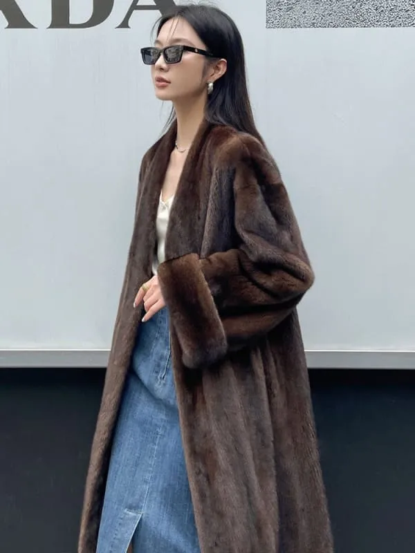 Long Elegant Luxury Warm Soft Brown Faux Mink Fur Coat