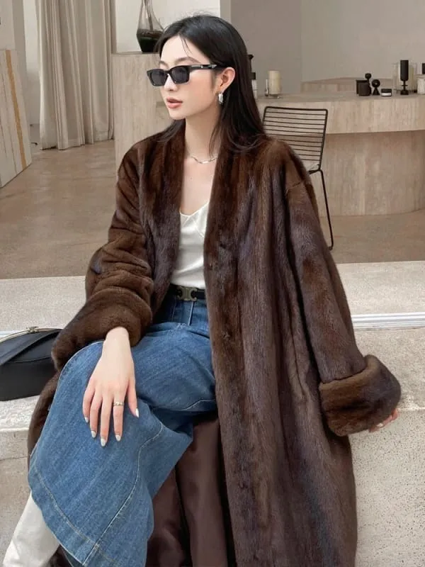 Long Elegant Luxury Warm Soft Brown Faux Mink Fur Coat